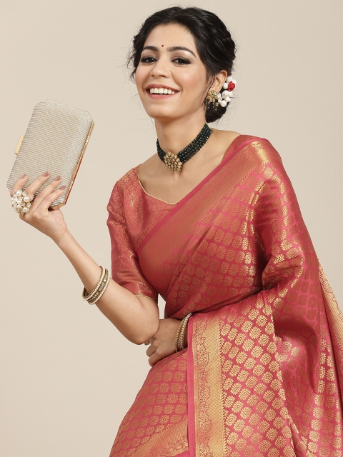 

BharatSthali Peach-Pink & Gold-Toned Woven Design Zari Art Silk Banarasi Saree