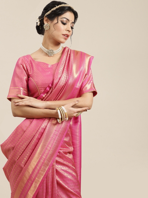 

BharatSthali Pink & Gold-Toned Woven Design Zari Art Silk Banarasi Saree