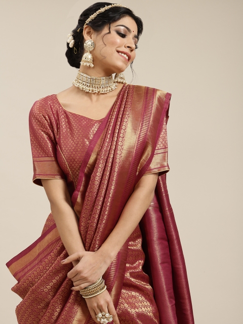 

BharatSthali Maroon & Gold-Toned Woven Design Zari Art Silk Banarasi Saree