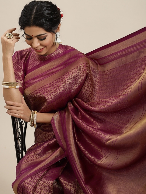 

BharatSthali Purple & Gold-Toned Woven Design Zari Art Silk Banarasi Saree