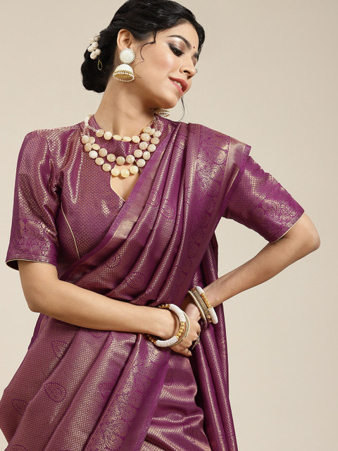 

BharatSthali Purple & Gold-Toned Woven Design Zari Art Silk Banarasi Saree
