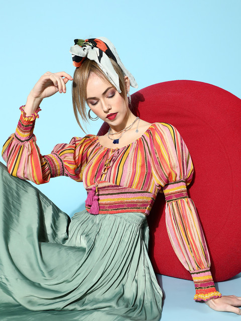 

Antheaa Women Chic Multi-Coloured Candy Stripes Cropped Top