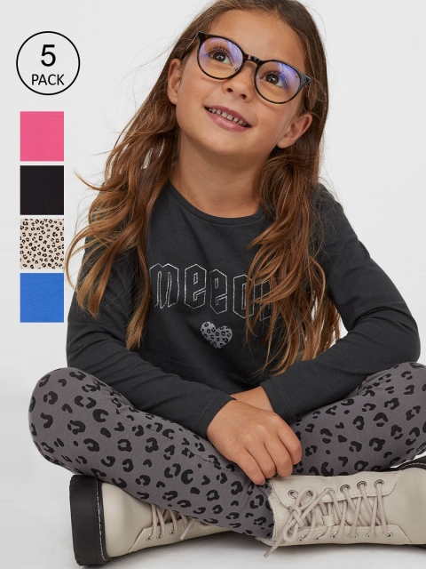 

H&M Girls Black, Grey ,Pink, Blue & Beige 5-pack cotton leggings