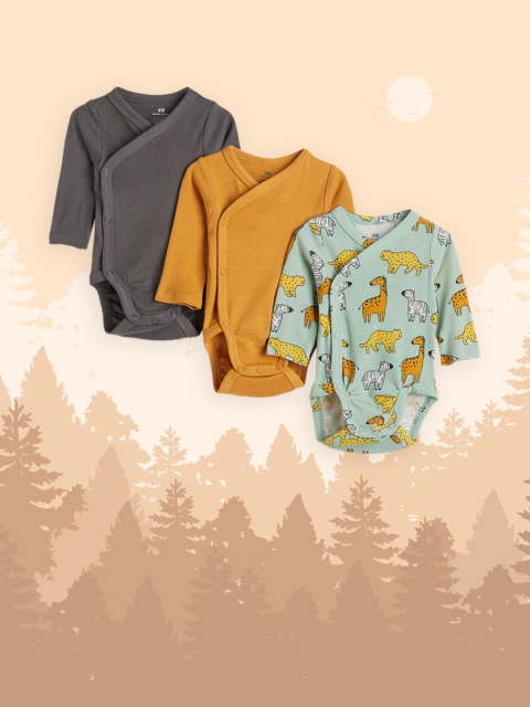 

H&M Girls Green & Grey Cotton 3-Pack Long-Sleeved Bodysuits