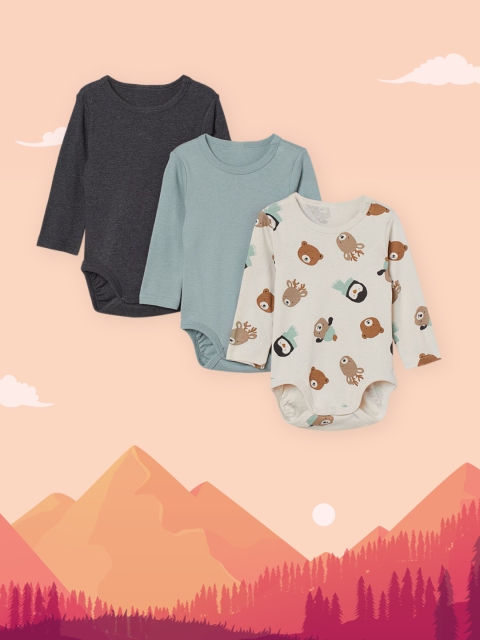 

H&M Boys Grey & Blue Printed 3-Pack Cotton Bodysuits