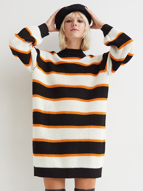 

H&M Women Black & White Striped High Neck Knitted Dress