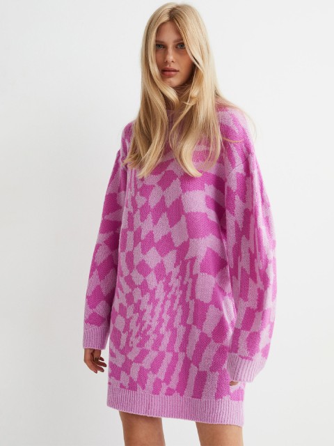 

H&M Women Pink & Purple Checked Knitted Dress