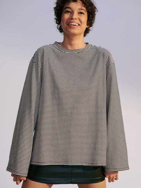 

H&M Women Black & White Striped Round Neck Cotton Long-Sleeved Top