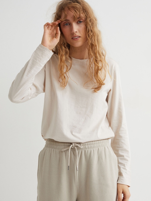 

H&M Woman Beige Long-sleeved cotton jersey top