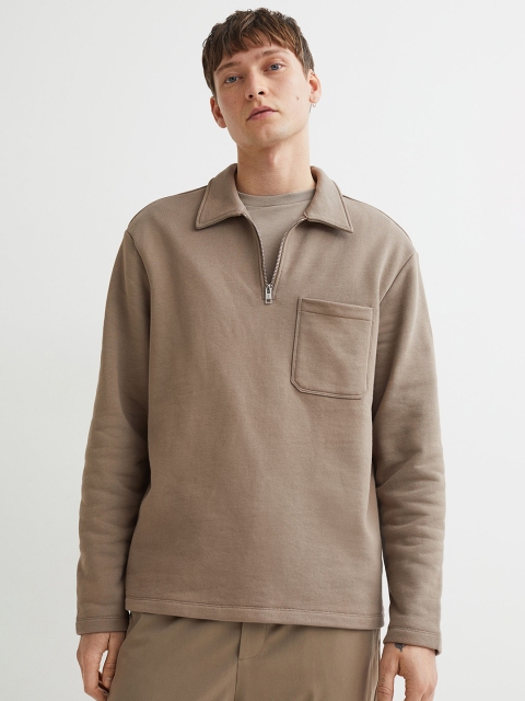 

H&M Men Beige Solid Regular Fit Zip-Top Sweatshirt