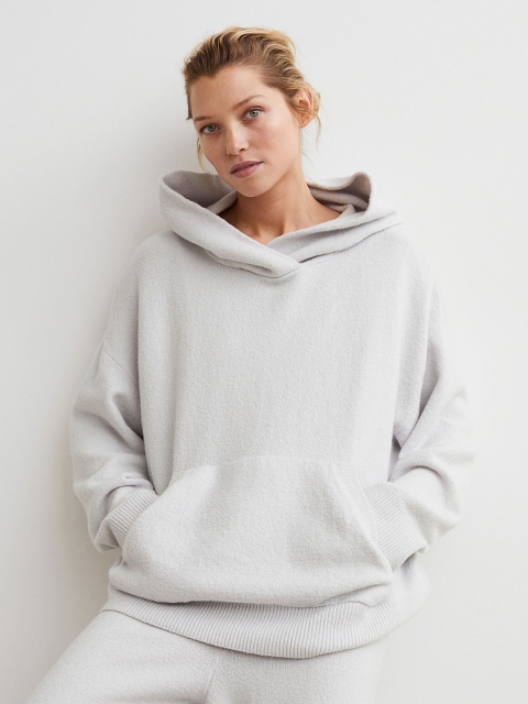 

H&M Women Grey Solid Fluffy Boucl-Knit Hoodie