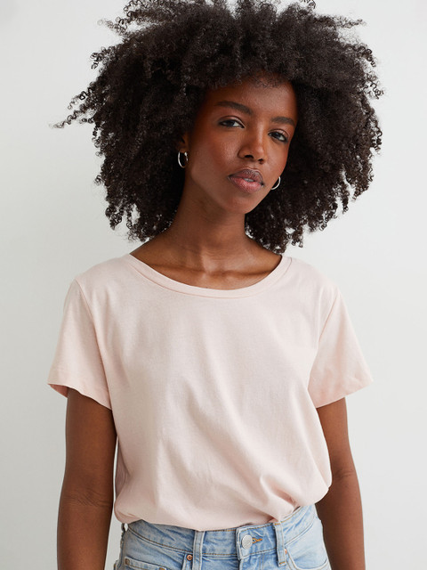

H&M Women Pink Solid Round Neck Cotton T-shirt