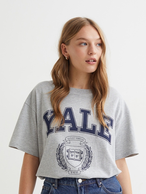 

H&M Women Grey Oversized Printed T-shirt