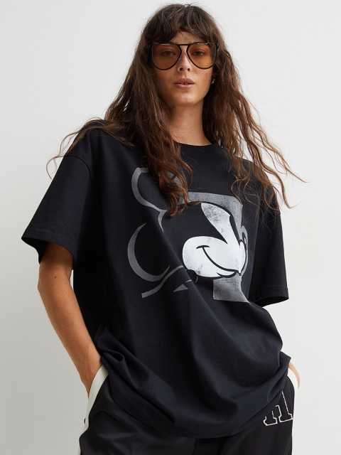 

H&M Women Black Oversized Motif-Detail T-shirt