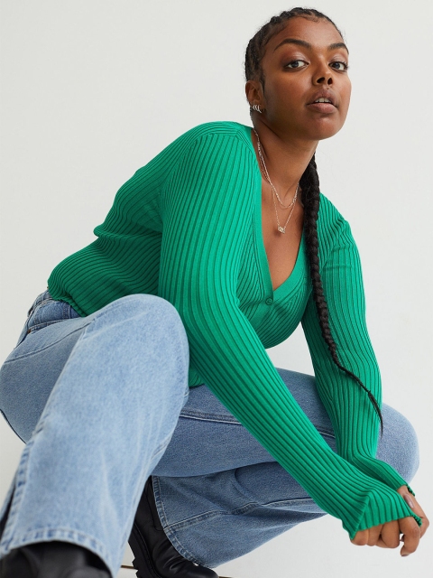 

H&M Women Green Rib-knit cardigan