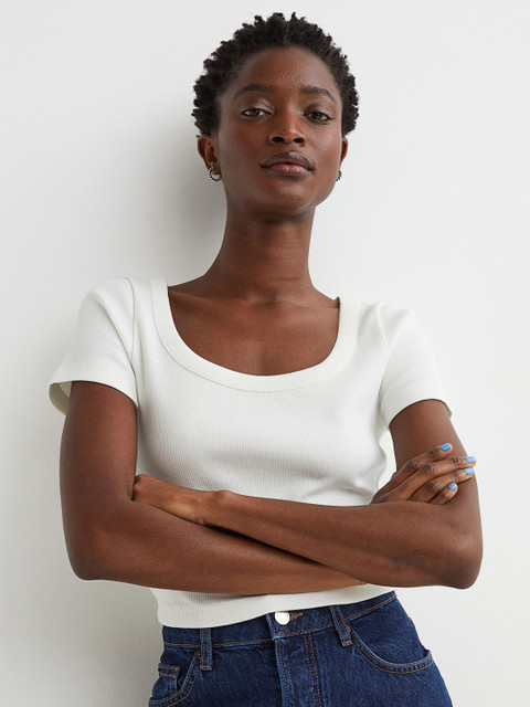 

H&M Women White Solid Ribbed Top