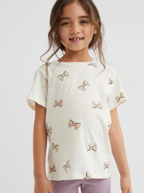 

H&M Girls White & Beige Cotton Printed Jersey Top
