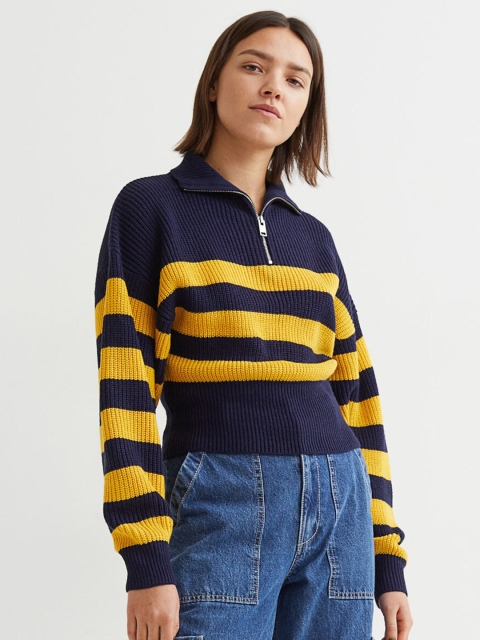 

H&M Women Blue & Yellow Zip-Top Jumper