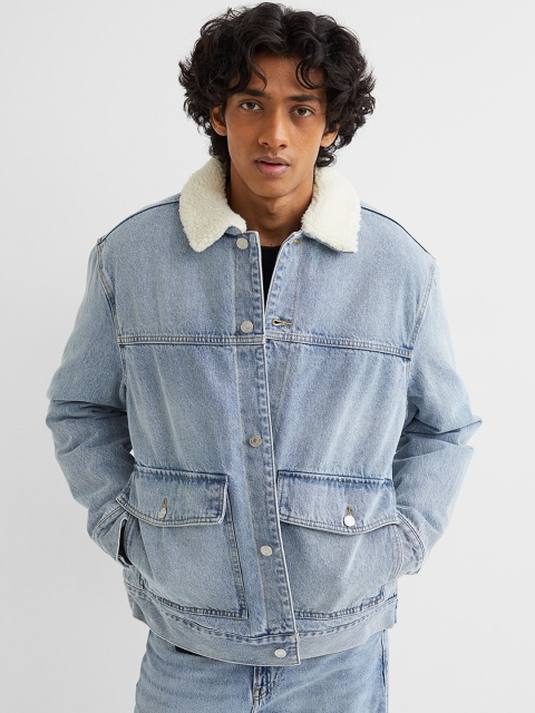 

H&M Men Blue Solid Lined Borg-Collared Denim Jacket