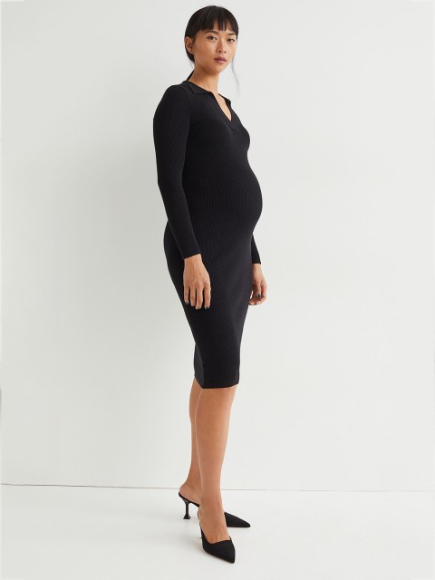 

H&M Women Black MAMA Collared Ribbed Dress