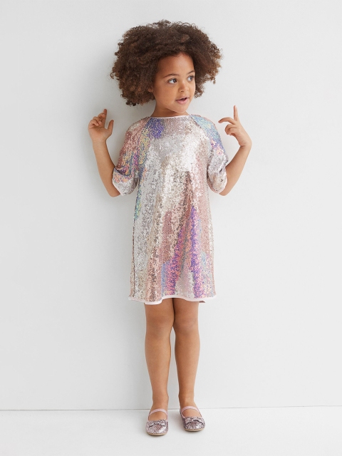 

H&M Girls Multicolored Round Neck Sequined Dress, Multi