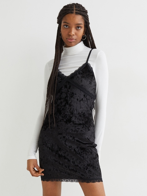 

H&M Women Black Ribbed Lace-Trimmed Dress