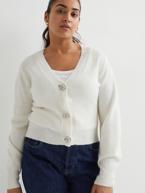

H&M Women White Rhinestone-Button Knitted Cardigan