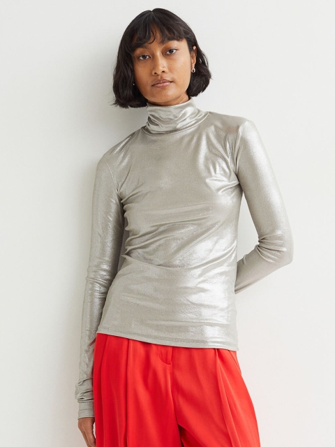 

H&M Women Silver Toned Solid Jersey Polo-Neck Top