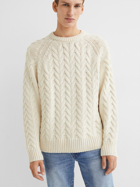 

H&M Men White Regular Fit Wool-blend cable-knit jumper