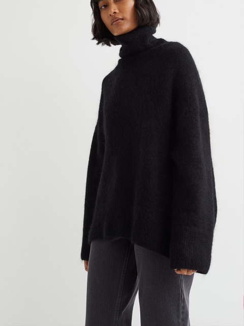 

H&M Women Black Solid Wool-Blend Polo-Neck Jumper
