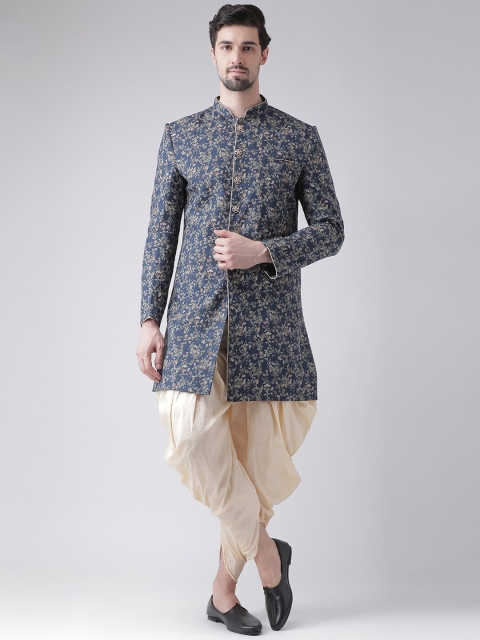 

DEYANN Men Navy Blue & Cream-Coloured Woven-Design Sherwani Set