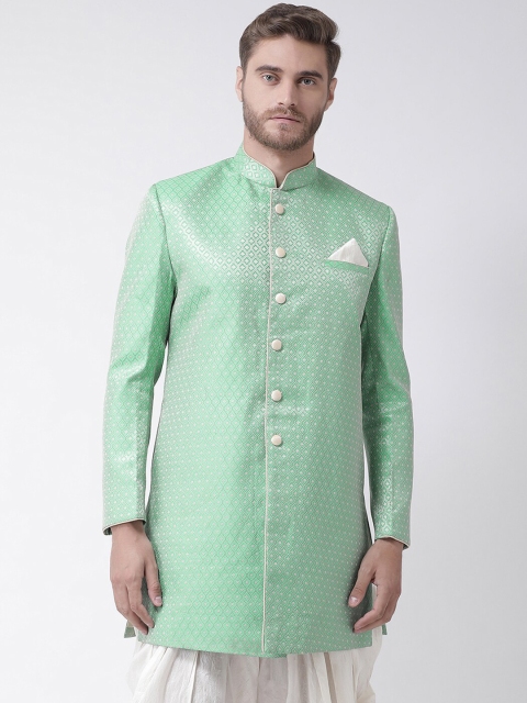 

DEYANN Men Green & White Woven-Design Sherwani Set, Sea green