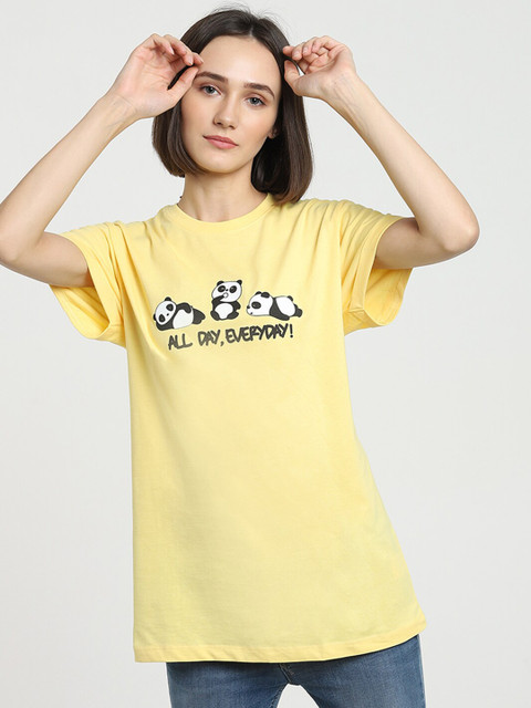 

Bewakoof Women Yellow & Black Typography Printed Loose Cotton T-shirt