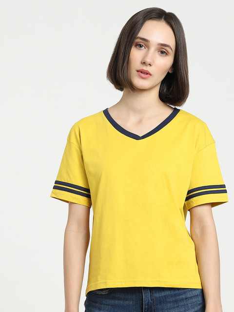 

Bewakoof Women Yellow V-Neck Drop-Shoulder Sleeves Cotton T-shirt