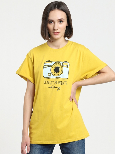 

Bewakoof Women Yellow & White Typography Printed Cotton Boyfriend T-Shirt