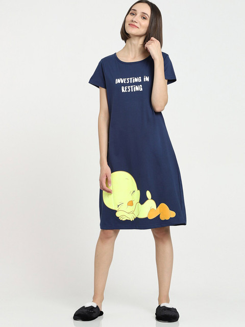 

Bewakoof Women Blue Tweety Printed T-shirt Night Dress