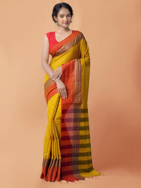 

Unnati Silks Yellow & Red Checked Pure Cotton Handloom Sustainable Narayan Peth Saree