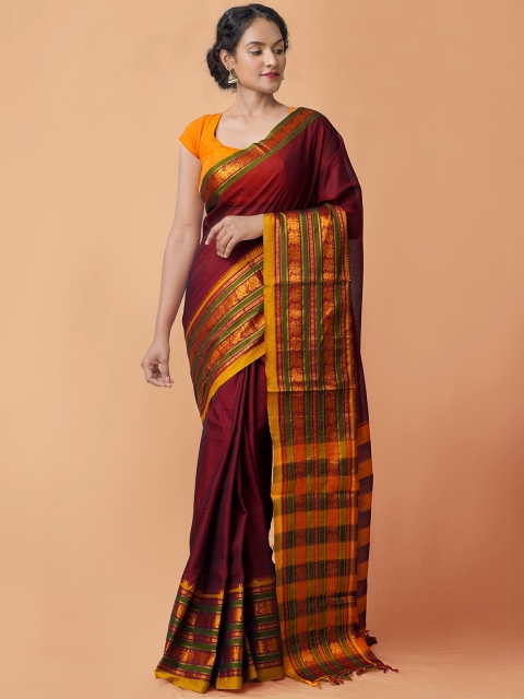 

Unnati Silks Maroon & Rust Pure Cotton Narayan Peth Saree
