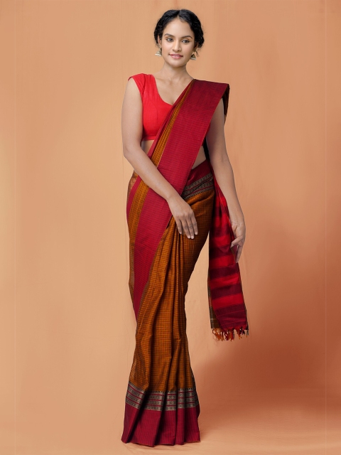 

Unnati Silks Yellow & Maroon Checked Pure Cotton Narayan Peth Saree