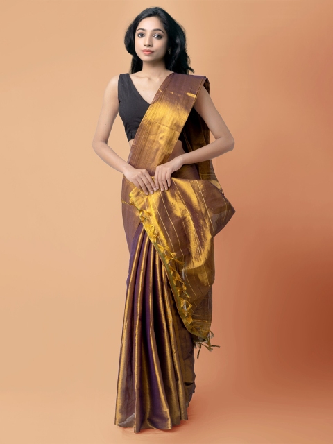 

Unnati Silks Brown & Gold Woven Design Zari Silk Cotton Kanjeevaram Saree