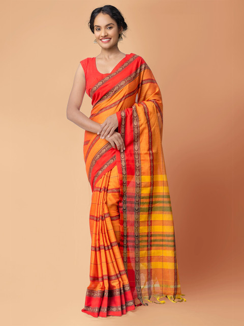 

Unnati Silks Orange Woven Design Pure Handloom Sustainable Pavani Narayanpet Cotton Saree