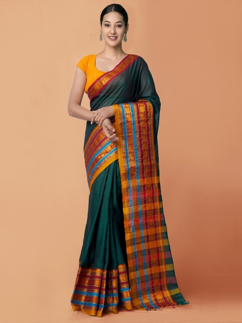 

Unnati Silks Green & Mustard Checked Pure Cotton Handloom Sustainable Narayan Peth Saree