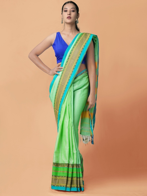 

Unnati Silks Green & Blue Zari Pure Cotton Handloom Sustainable Narayan Peth Saree