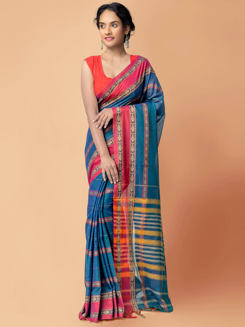 

Unnati Silks Blue & Red Woven Design Pure Cotton Handloom Sustainable Narayan Peth Saree