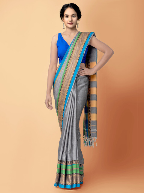 

Unnati Silks Grey & Blue Pure Cotton Narayan Peth Saree