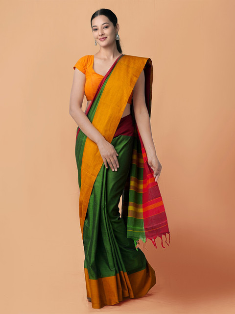 

Unnati Silks Green & Mustard Zari Pure Cotton Handloom Sustainable Narayan Peth Saree