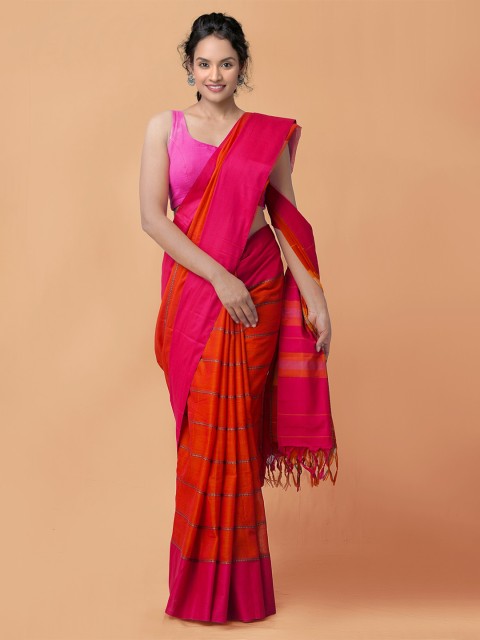 

Unnati Silks Orange & Pink Striped Pure Cotton Handloom Sustainable Narayan Peth Saree