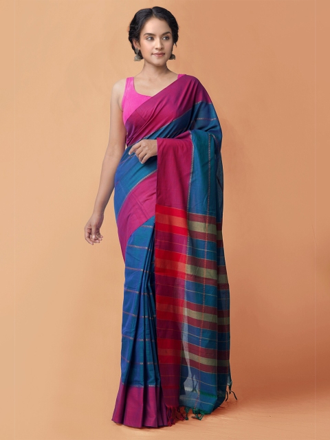 

Unnati Silks Blue & Red Woven Design Pure Cotton Handloom Sustainable Narayan Peth Saree