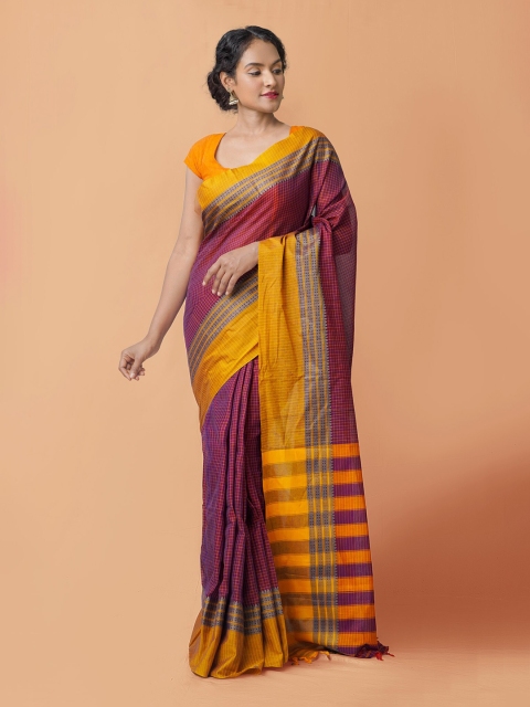 

Unnati Silks Purple & Yellow Checked Pure Cotton Narayan Peth Saree