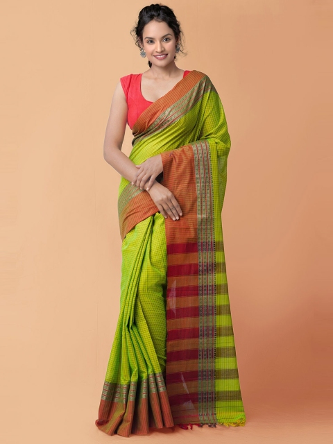 

Unnati Silks Green & Orange Checked Pure Cotton Handloom Sustainable Narayan Peth Saree